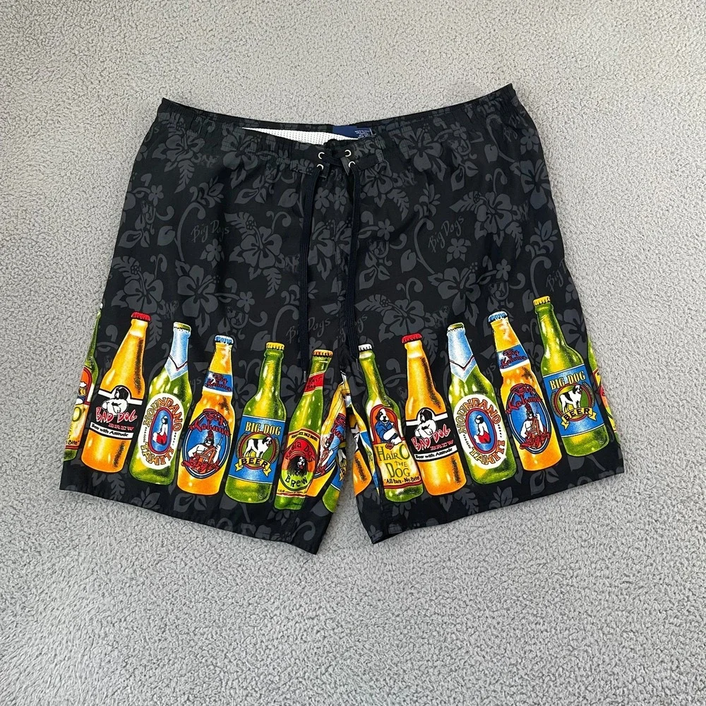 Big Dogs Beer Bottle Swim Trunks Men XL Black Novelty Beach Surf Lined